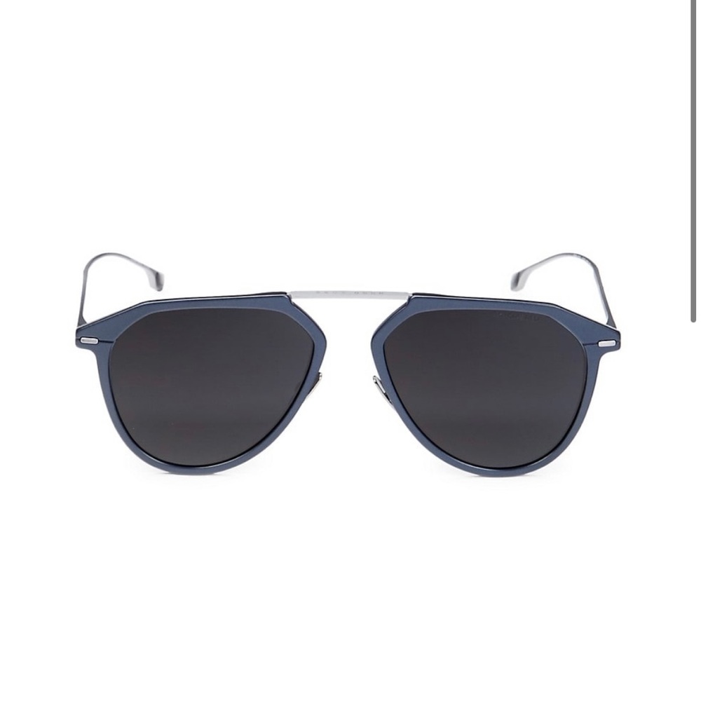 Hugo Boss feature an angular titanium frame and solid lenses